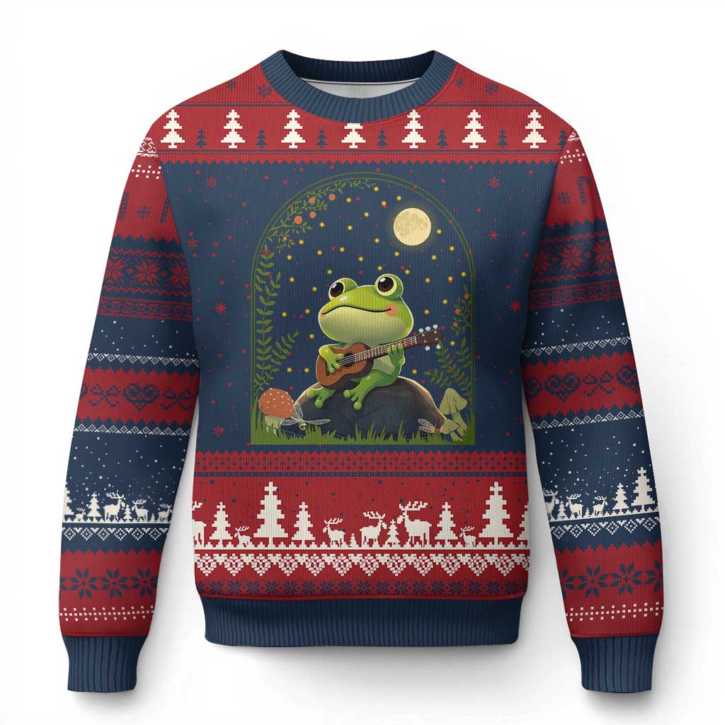 Frog Playing Guitar Ugly Christmas Sweater Gift for Musicians TS12 Navy Red Print Your Wear
