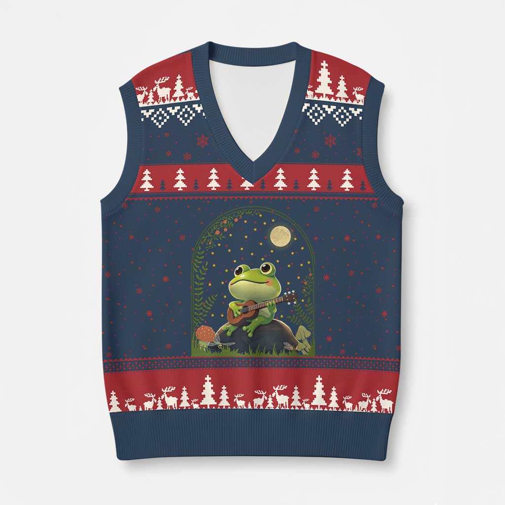 Frog Playing Guitar V-Neck Knit Sweater Vest Gift for Musicians TS12 Navy Red Print Your Wear