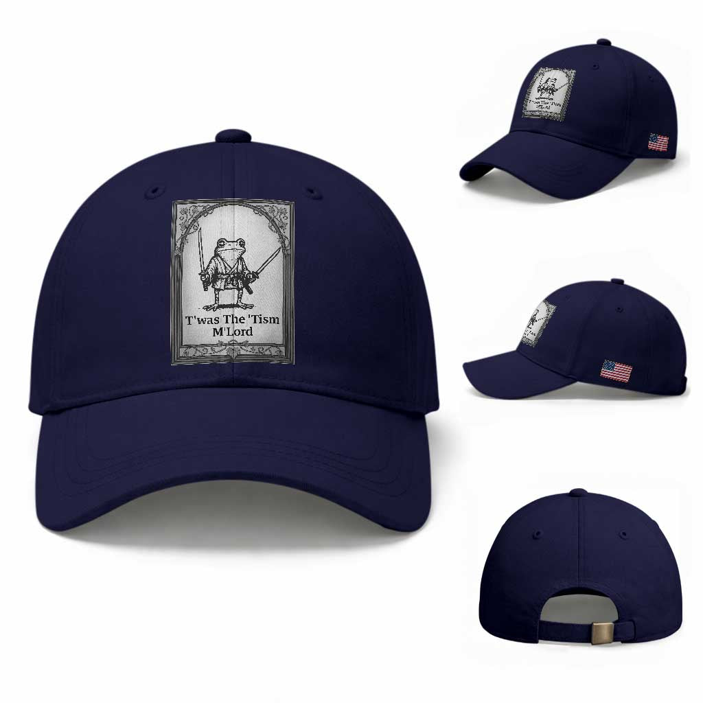 T’was The Tism M’Lord Baseball Cap Funny Medieval Knight Frog Gift TS12 Baseball Cap Universal Fit Dark Blue Print Your Wear