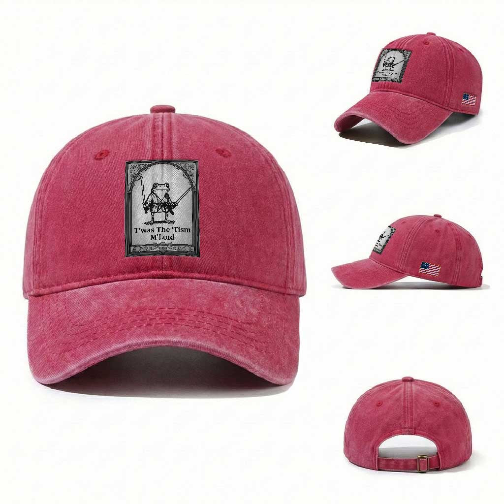 T’was The Tism M’Lord Washed Cotton Baseball Cap Funny Medieval Knight Frog Gift TS12 Washed Cap Universal Fit Red Print Your Wear