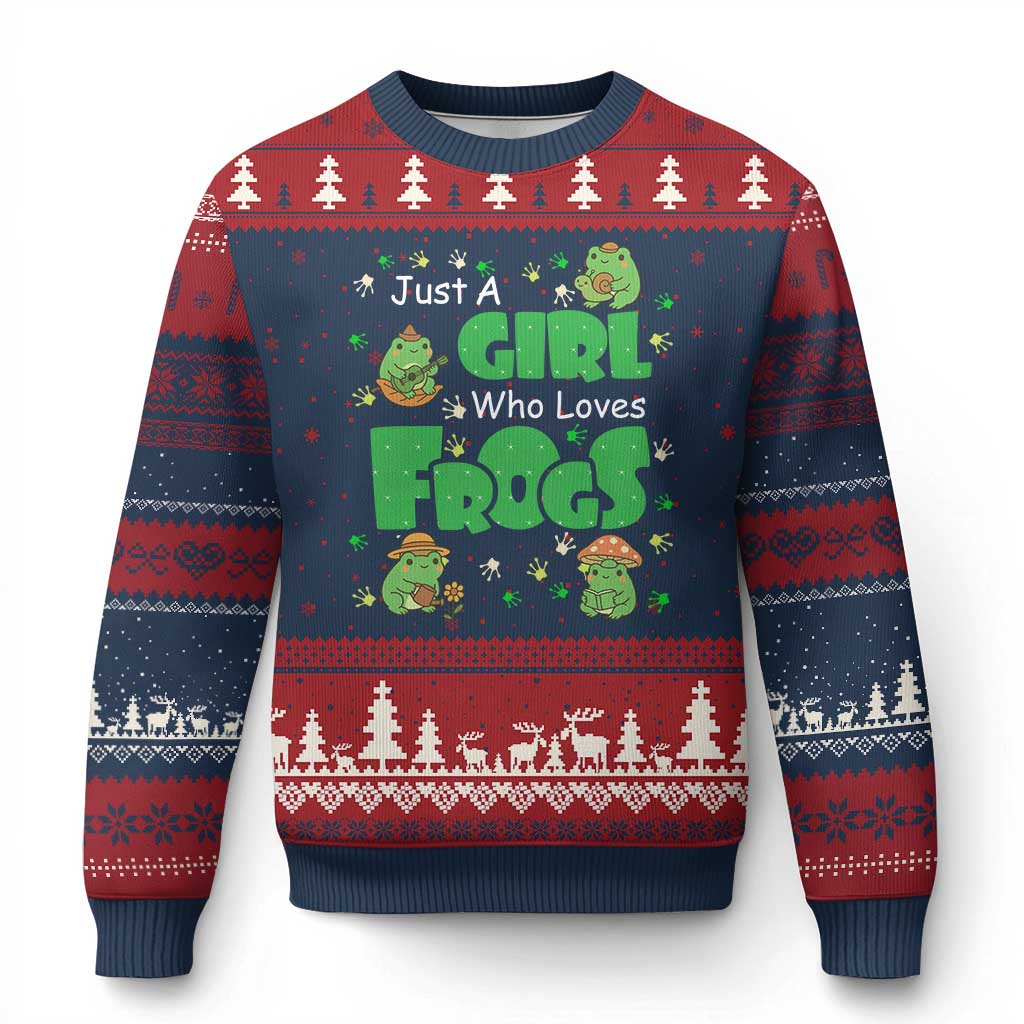 Just A Girl Who Loves Frogs Gift Ugly Christmas Sweater TS12 Navy Red Print Your Wear