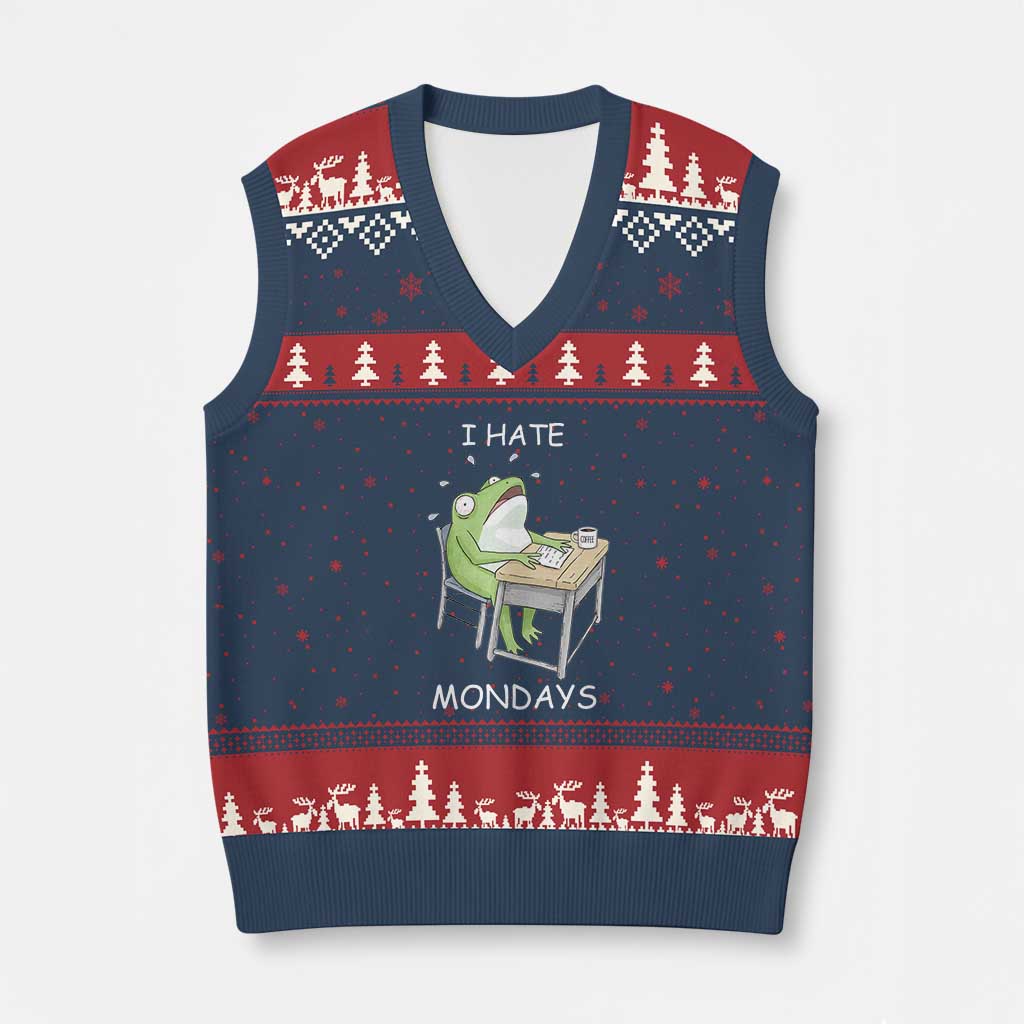 Funny Office Frog V-Neck Knit Sweater Vest I Hate Mondays TS12 Navy Red Print Your Wear