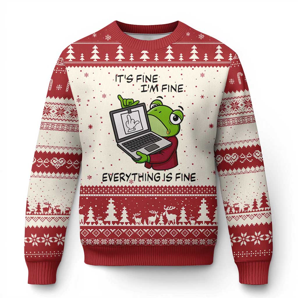 It Is Fine I Am Fine Everything Is Fine Ugly Christmas Sweater Attitude Frog TS12 Beige Red Print Your Wear