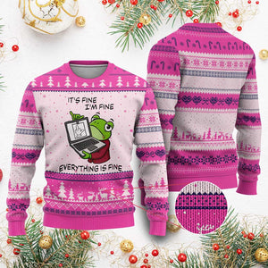 It Is Fine I Am Fine Everything Is Fine Ugly Christmas Sweater Attitude Frog TS12 Hot Pink Print Your Wear