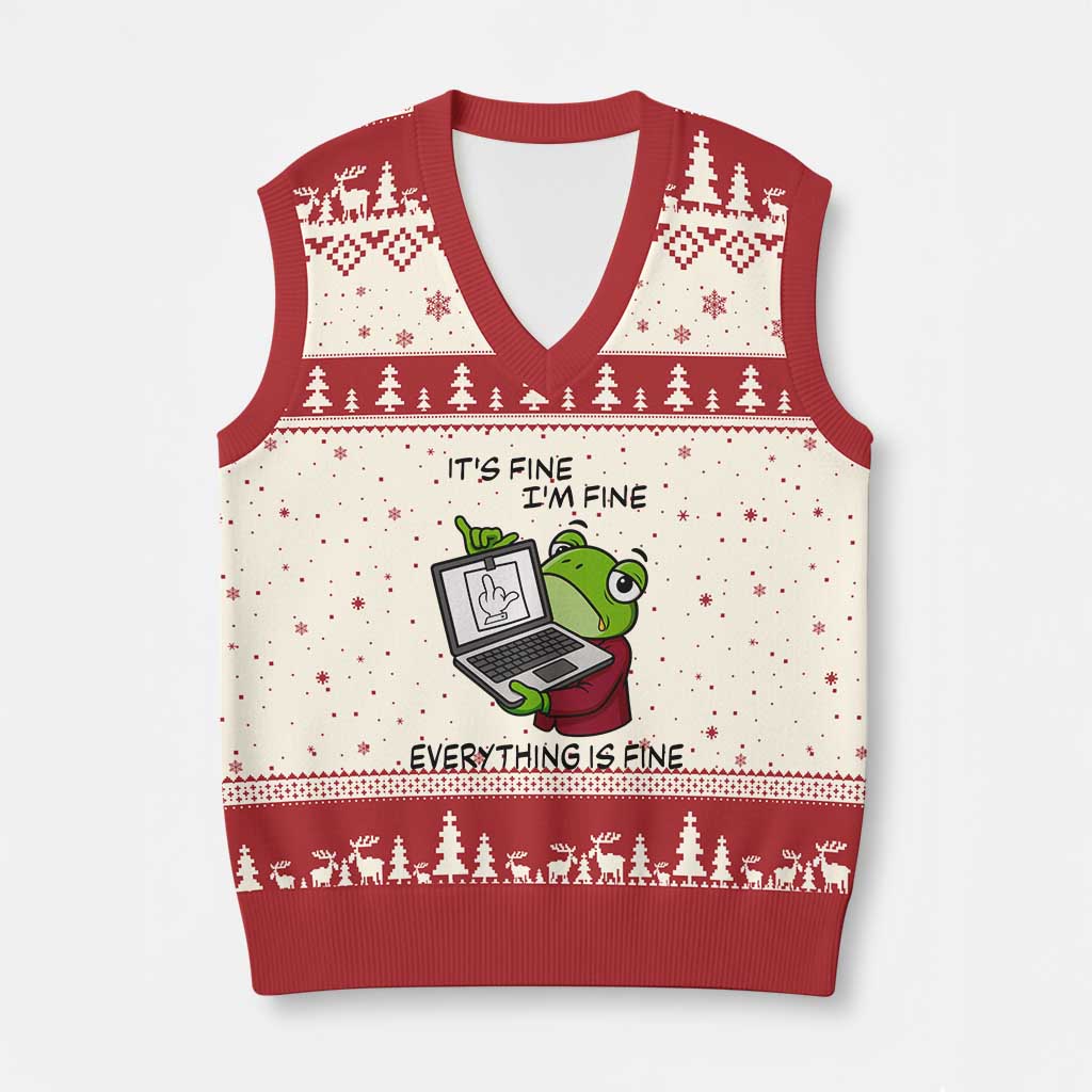 It Is Fine I Am Fine Everything Is Fine V-Neck Knit Sweater Vest Attitude Frog TS12 Beige Red Print Your Wear