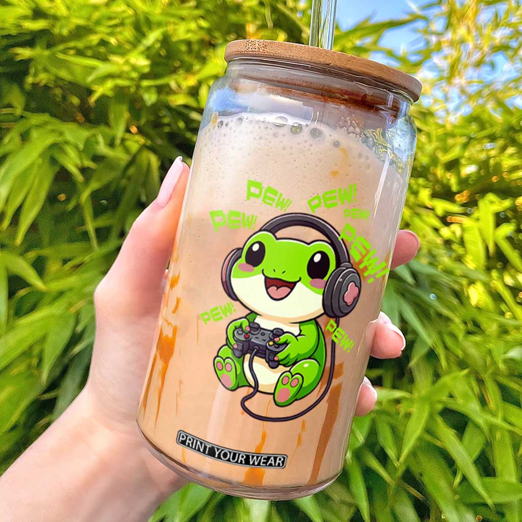 Funny Frog Playing Video Game Gift Glass Can TS12 White Print Your Wear
