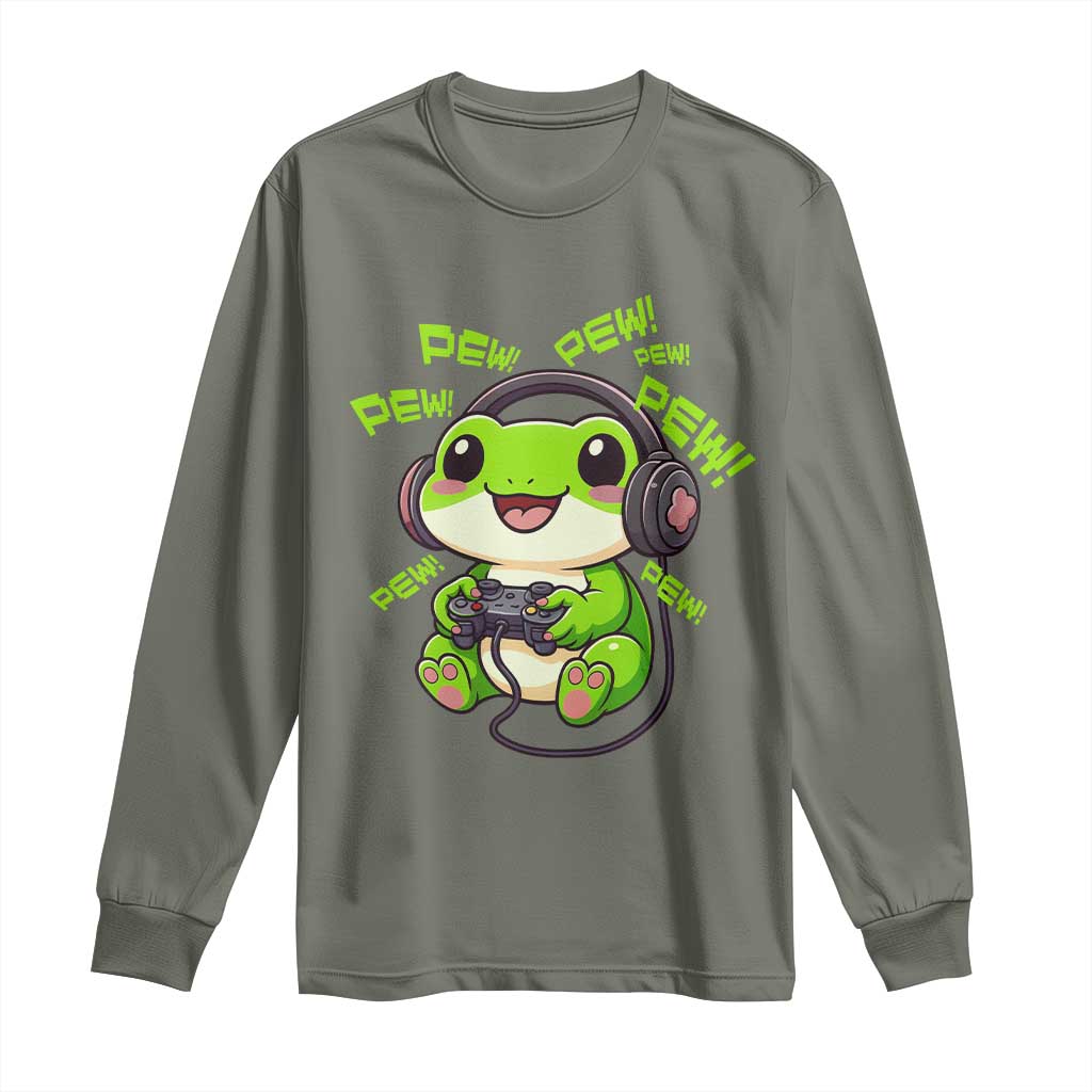 Funny Frog Playing Video Game Gift Long Sleeve Shirt TS12 Military Green Print Your Wear