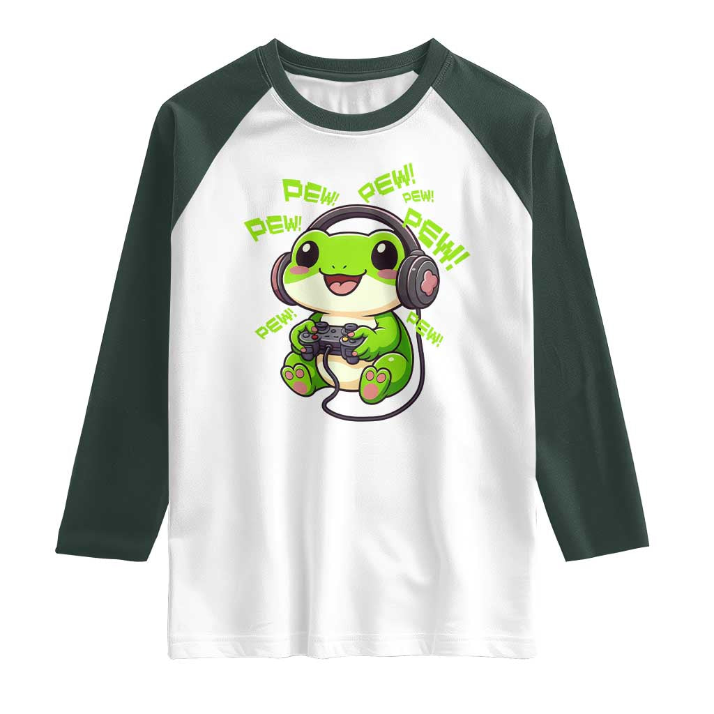 Funny Frog Playing Video Game Gift Raglan Shirt TS12 White Dark Forest Green Print Your Wear
