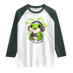 Funny Frog Playing Video Game Gift Raglan Shirt TS12 White Dark Forest Green Print Your Wear