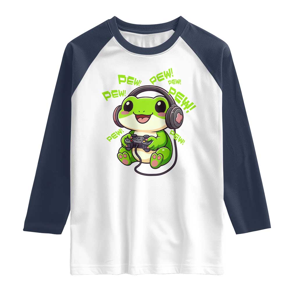 Funny Frog Playing Video Game Gift Raglan Shirt TS12 White Navy Print Your Wear