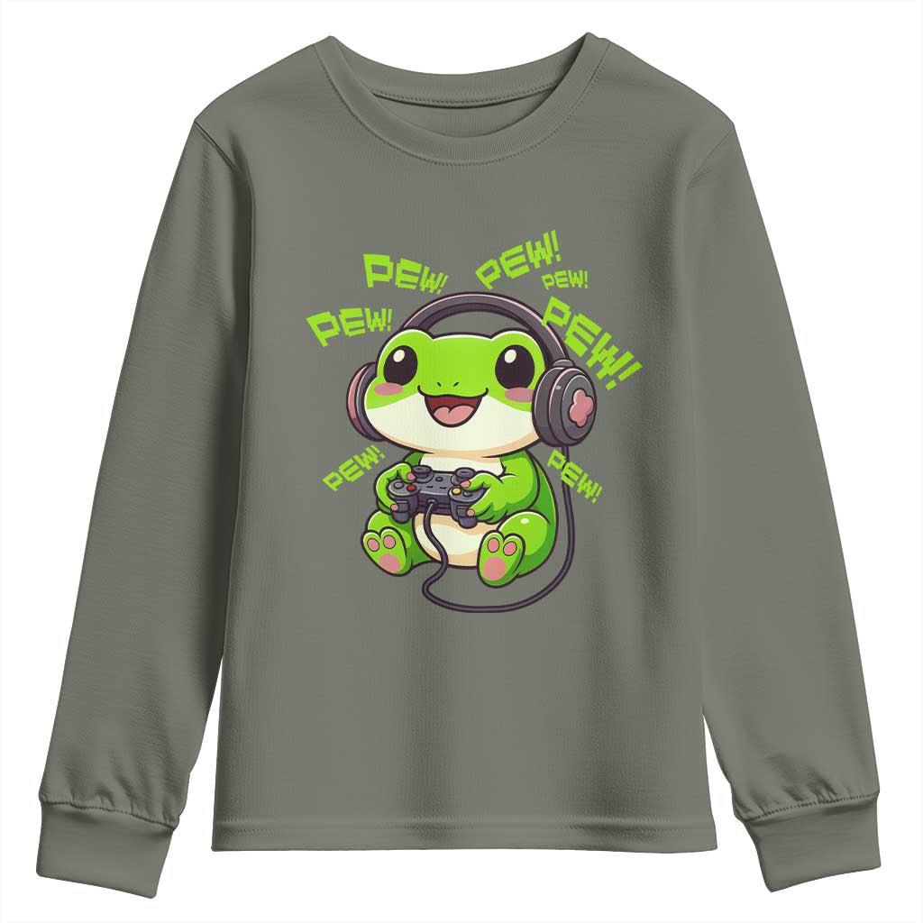 Funny Frog Playing Video Game Gift Youth Sweatshirt TS12 Military Green Print Your Wear
