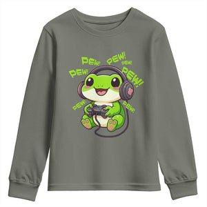 Funny Frog Playing Video Game Gift Youth Sweatshirt TS12 Military Green Print Your Wear