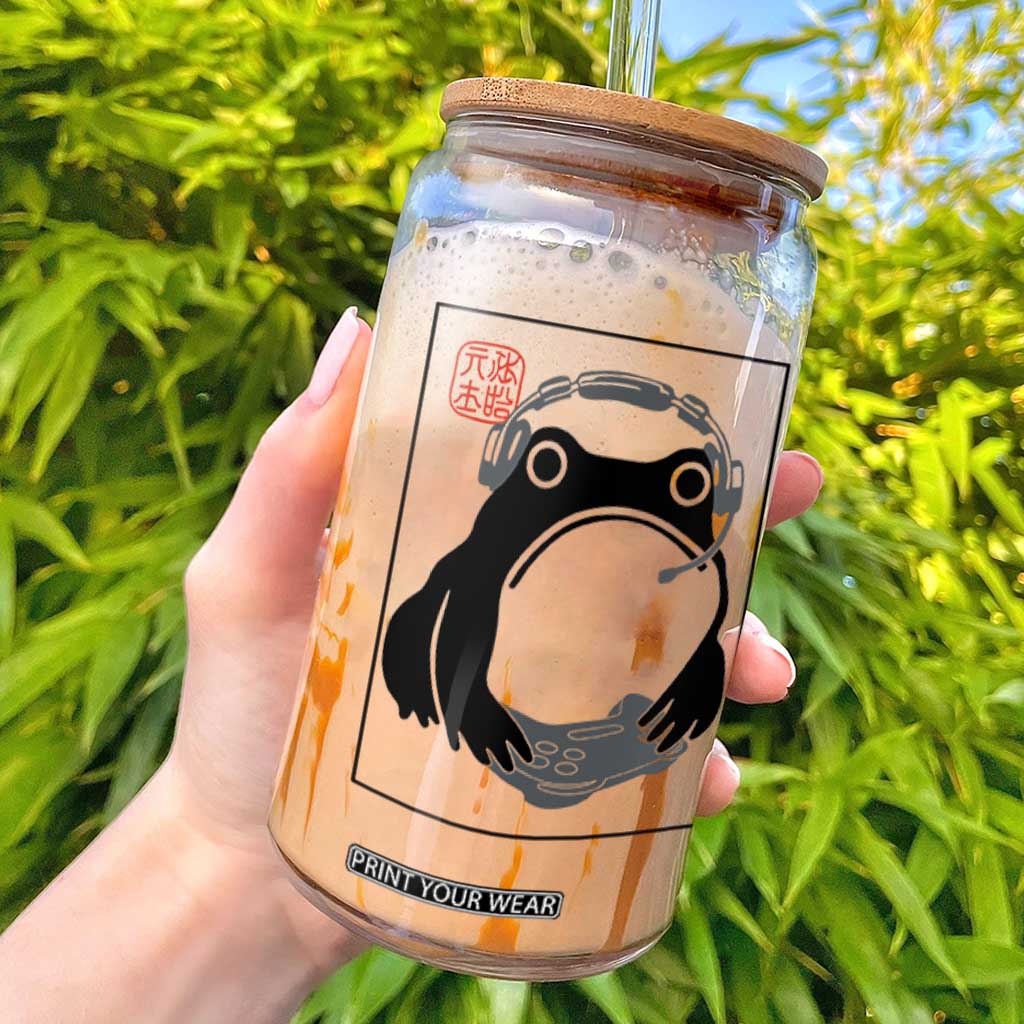 Grumpy Frog Gamer Japanese Ink Painting Glass Can TS12 White Print Your Wear