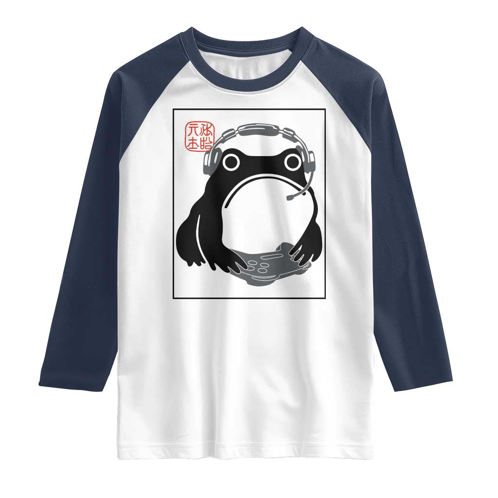 Grumpy Frog Gamer Japanese Ink Painting Raglan Shirt TS12 White Navy Print Your Wear