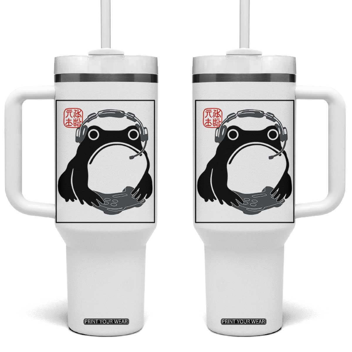 Grumpy Frog Gamer Japanese Ink Painting Tumbler With Handle TS12 One Size: 40 oz White Print Your Wear