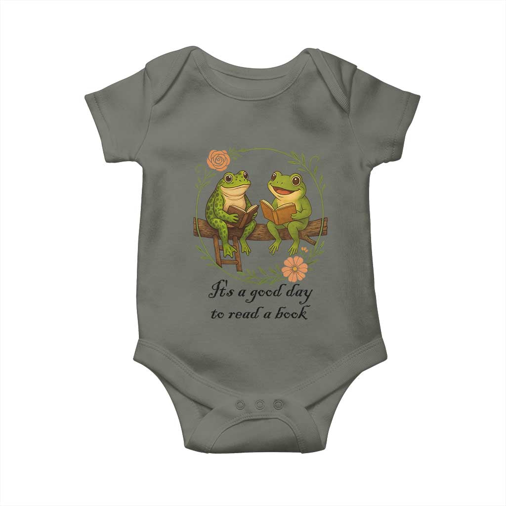 It Is A Good Day To Read A Book Baby Onesie Frog Book Lover TS12 Military Green Print Your Wear