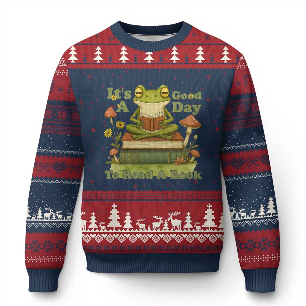 It Is A Good Day To Read A Book Ugly Christmas Sweater Funny Frog Reading TS12 Navy Red Print Your Wear