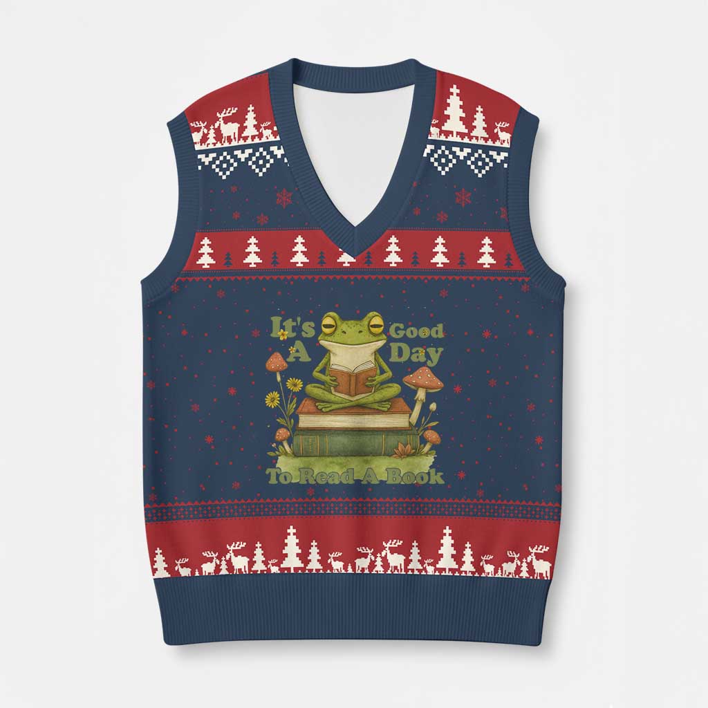 It Is A Good Day To Read A Book V-Neck Knit Sweater Vest Funny Frog Reading TS12 Navy Red Print Your Wear
