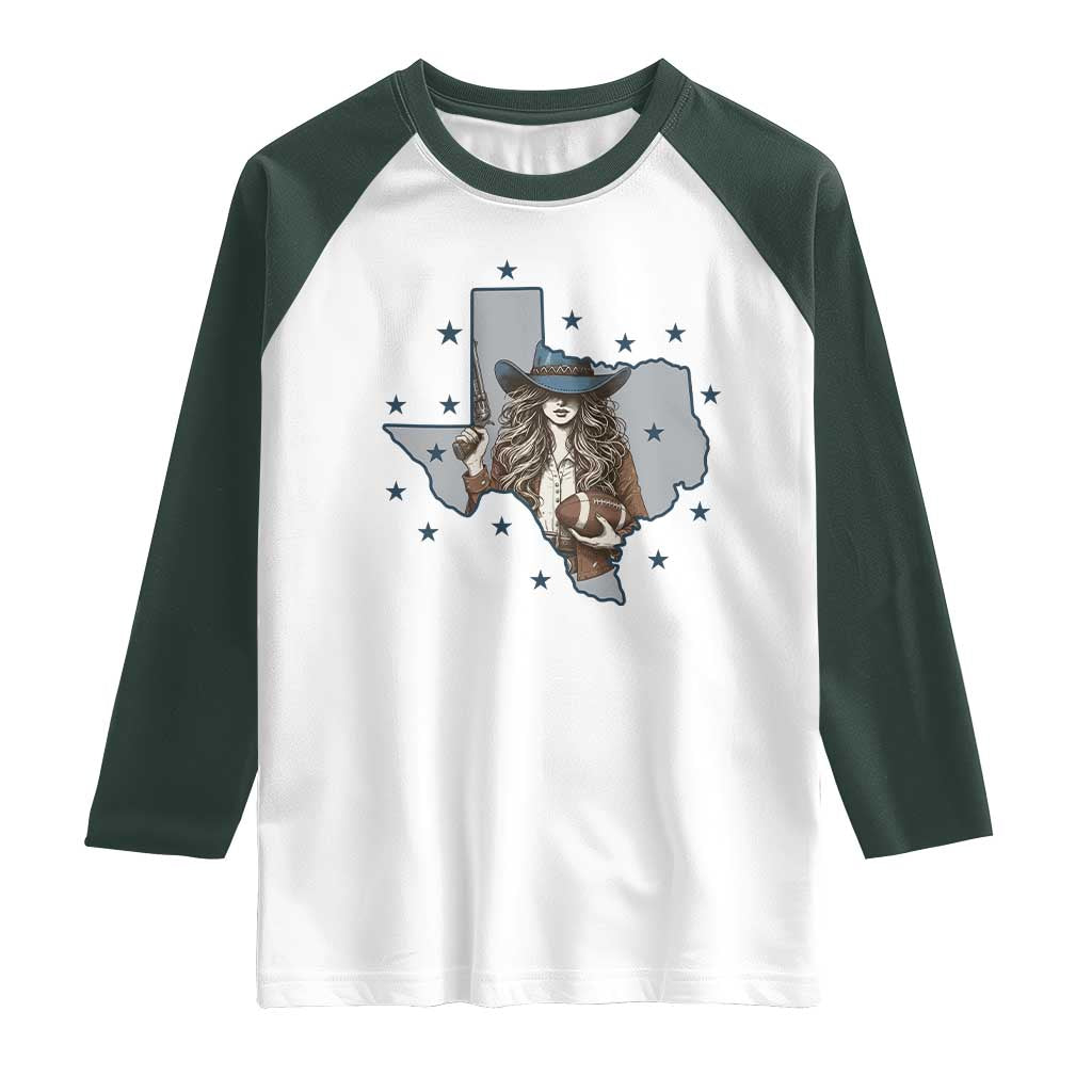 Funny TX Cowgirl Raglan Shirt Football Lover Gift TS12 White Dark Forest Green Print Your Wear