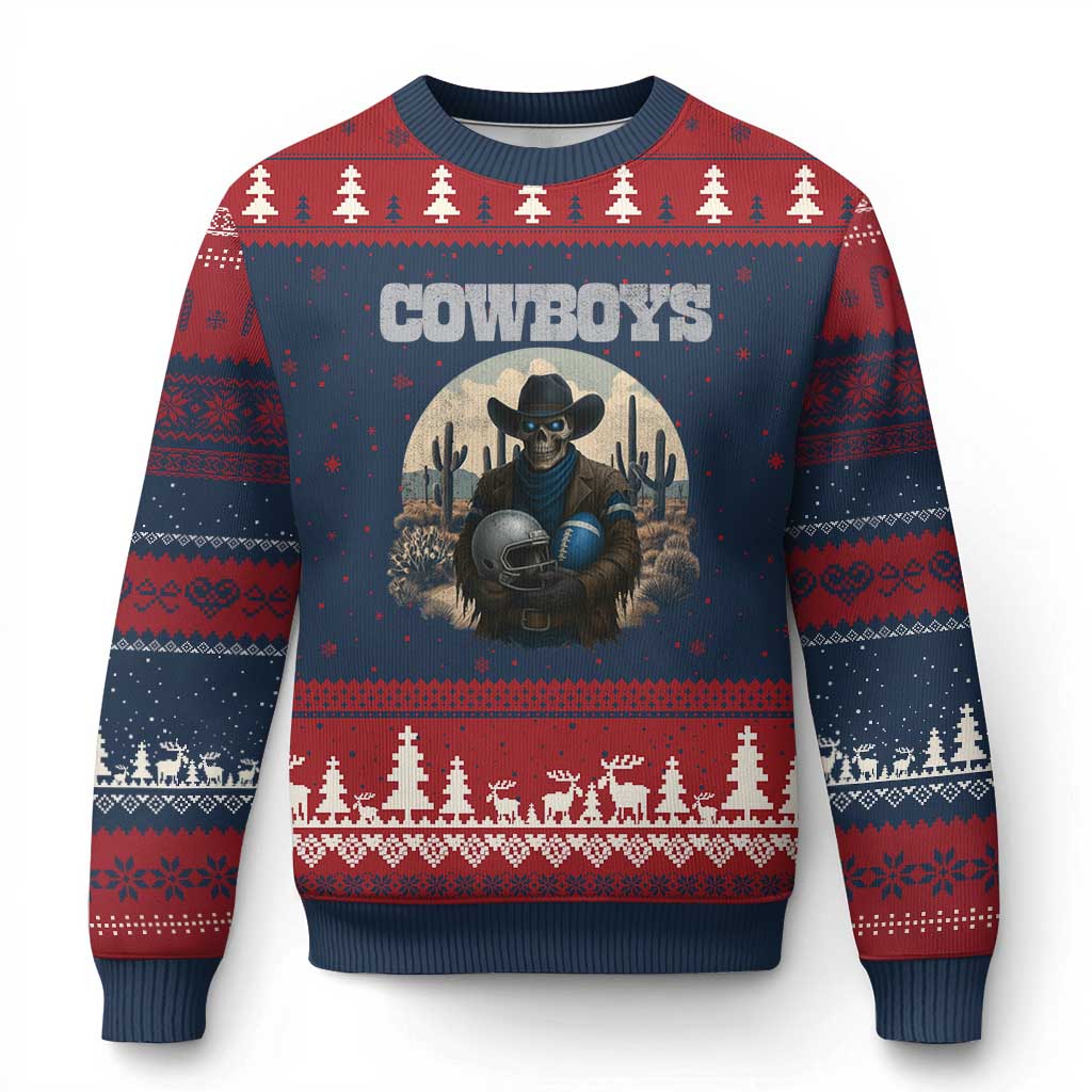 Skeleton Cowboy FB Player Ugly Christmas Sweater Western Fan Gift TS12 Navy Red Print Your Wear