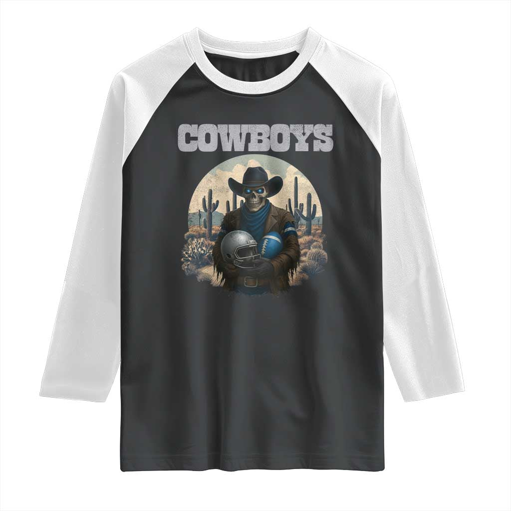 Skeleton Cowboy Football Player Raglan Shirt Western Fan Gift TS12 Black White Print Your Wear