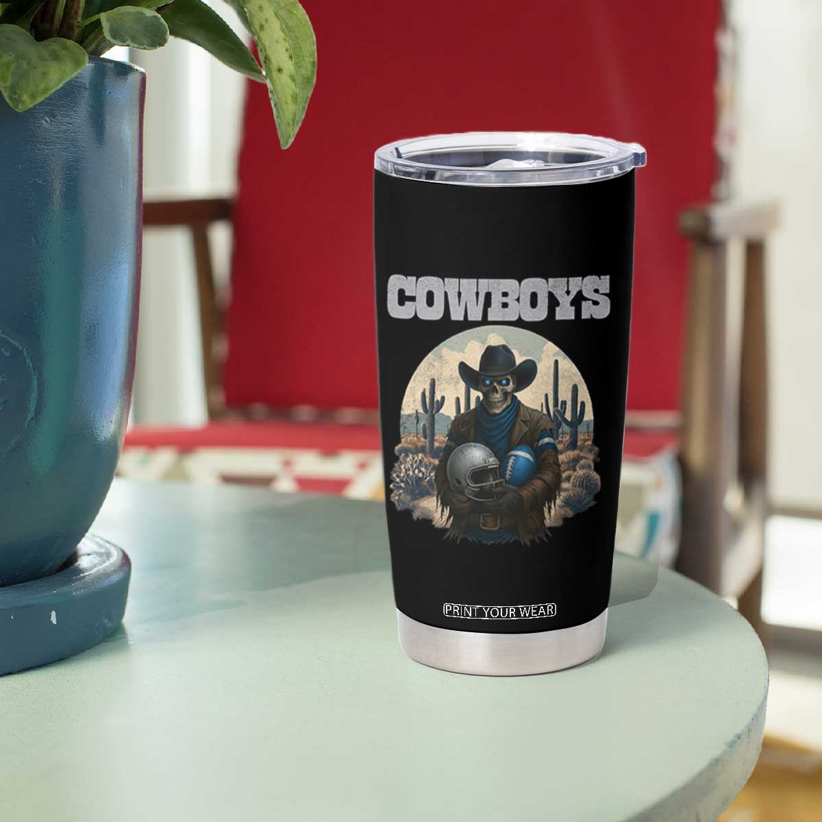 Skeleton Cowboy Football Player Tumbler Cup Western Fan Gift - Print Your Wear