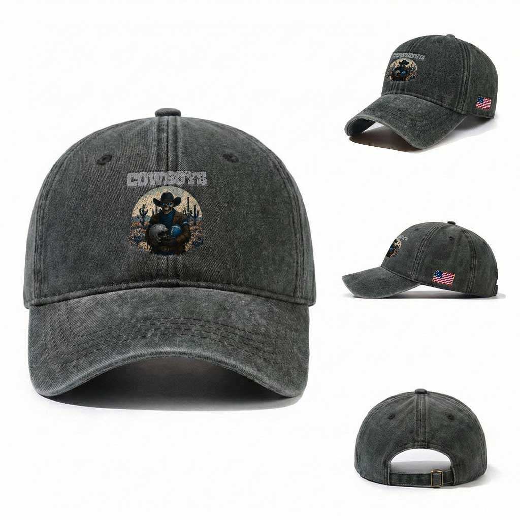 Skeleton Cowboy FB Player Washed Cotton Baseball Cap Western Fan Gift TS12 Washed Cap Universal Fit Dark Green Print Your Wear