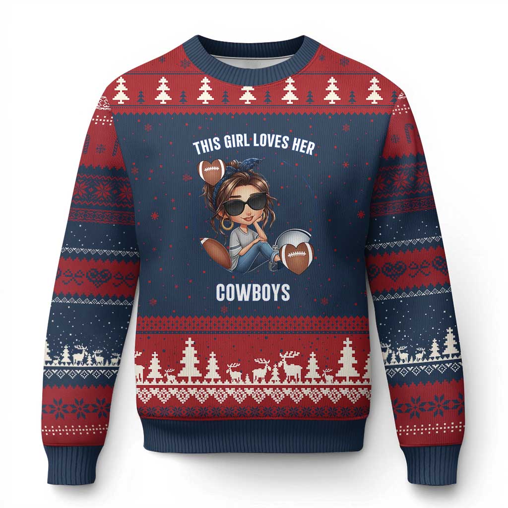 This Girl Loves Her Cowboy Ugly Christmas Sweater Game Day Gift For Fans TS12 Navy Red Print Your Wear