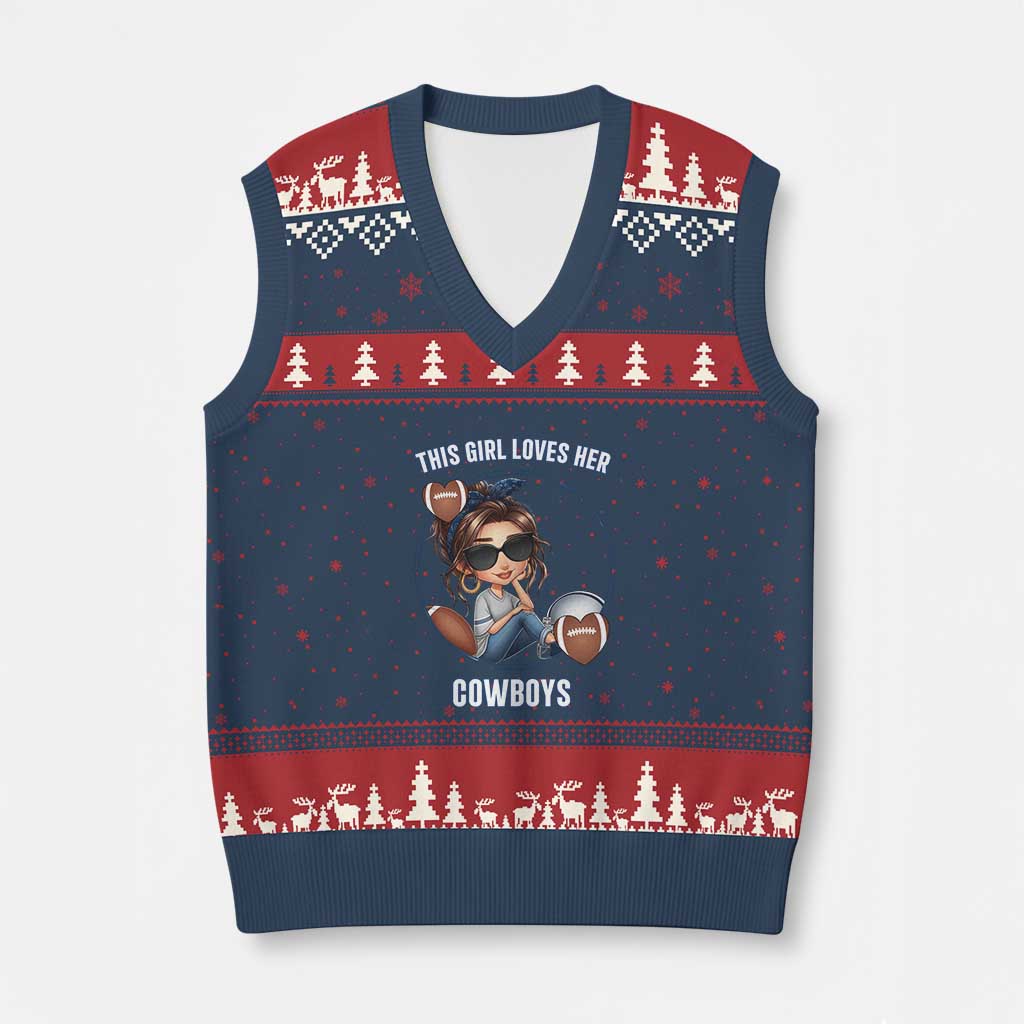 This Girl Loves Her Cowboy V-Neck Knit Sweater Vest Game Day Gift For Fans TS12 Navy Red Print Your Wear