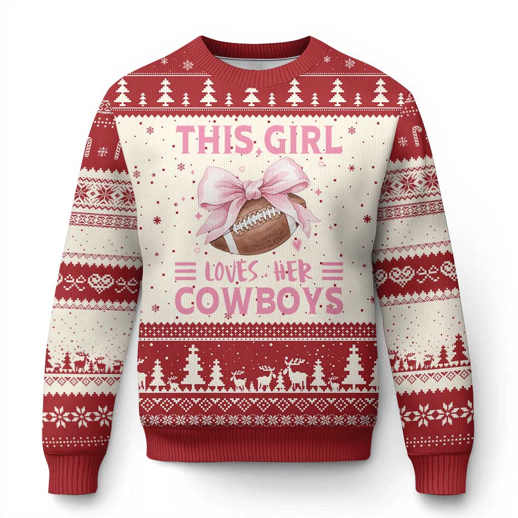 This Girl Loves Her Cowboys Ugly Christmas Sweater Pink Bow Football Fan Gift TS12 Beige Red Print Your Wear