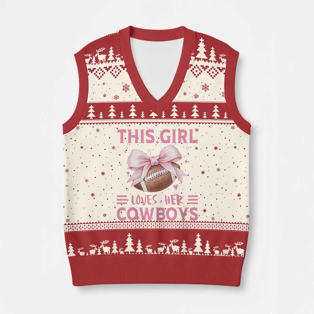 This Girl Loves Her Cowboys V-Neck Knit Sweater Vest Pink Bow Football Fan Gift - Print Your Wear