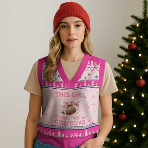 This Girl Loves Her Cowboys V-Neck Knit Sweater Vest Pink Bow Football Fan Gift - Print Your Wear