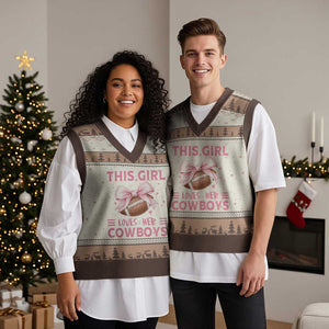This Girl Loves Her Cowboys V-Neck Knit Sweater Vest Pink Bow Football Fan Gift - Print Your Wear