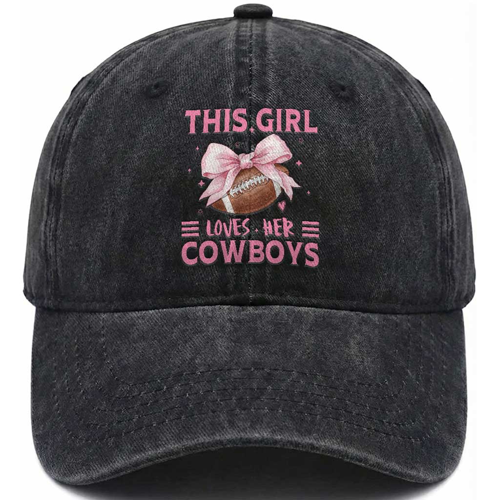 This Girl Loves Her Cowboy Washed Cotton Baseball Cap Pink Bow FF Gift TS12 Print Your Wear