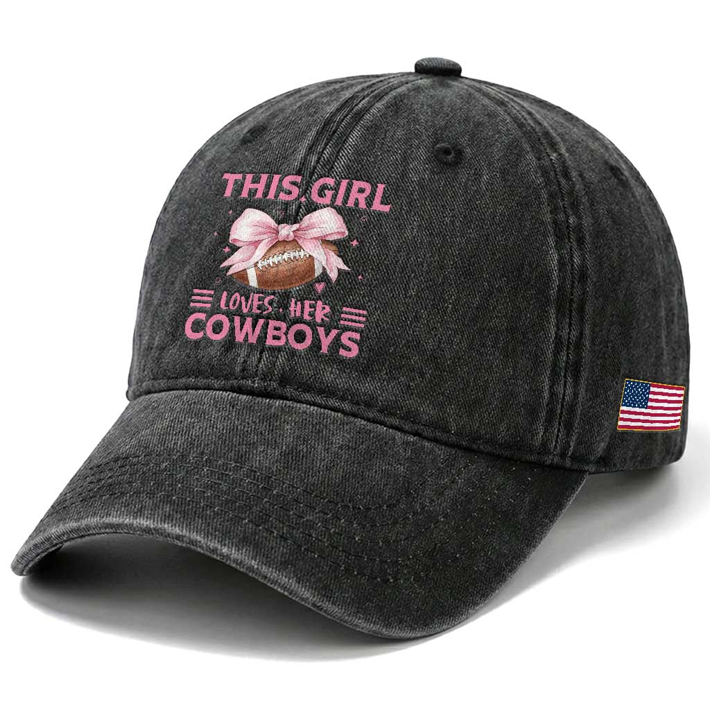 This Girl Loves Her Cowboy Washed Cotton Baseball Cap Pink Bow FF Gift TS12 Print Your Wear