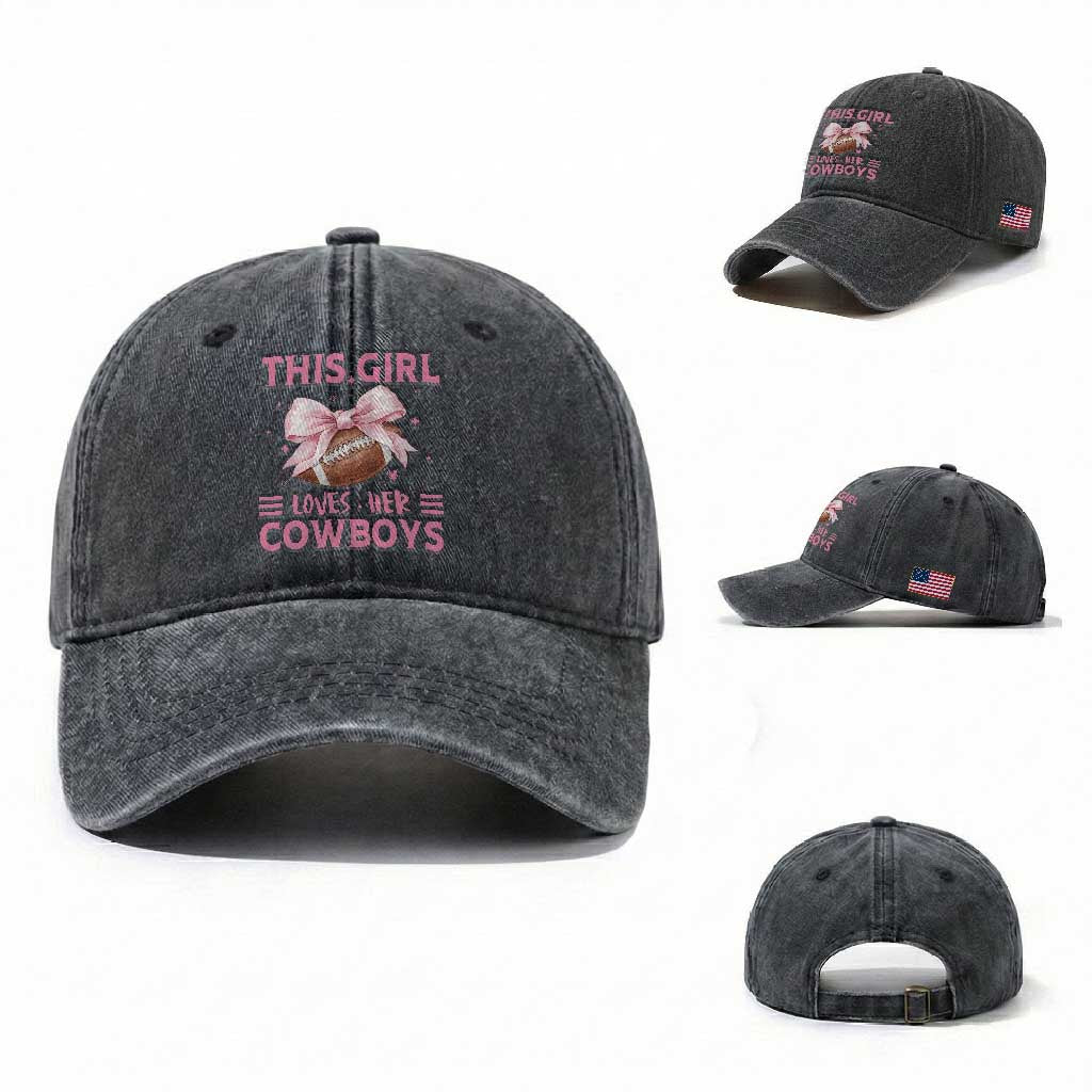 This Girl Loves Her Cowboy Washed Cotton Baseball Cap Pink Bow FF Gift TS12 Washed Cap Universal Fit Dark Gray Print Your Wear