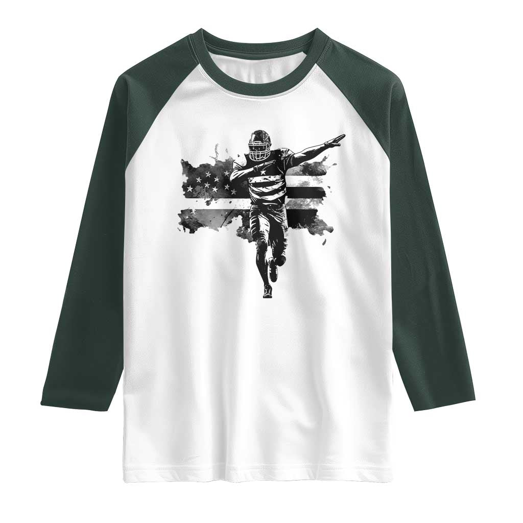 Patriotic Football Dab Raglan Shirt American Flag Sports Fan Gift TS12 White Dark Forest Green Print Your Wear