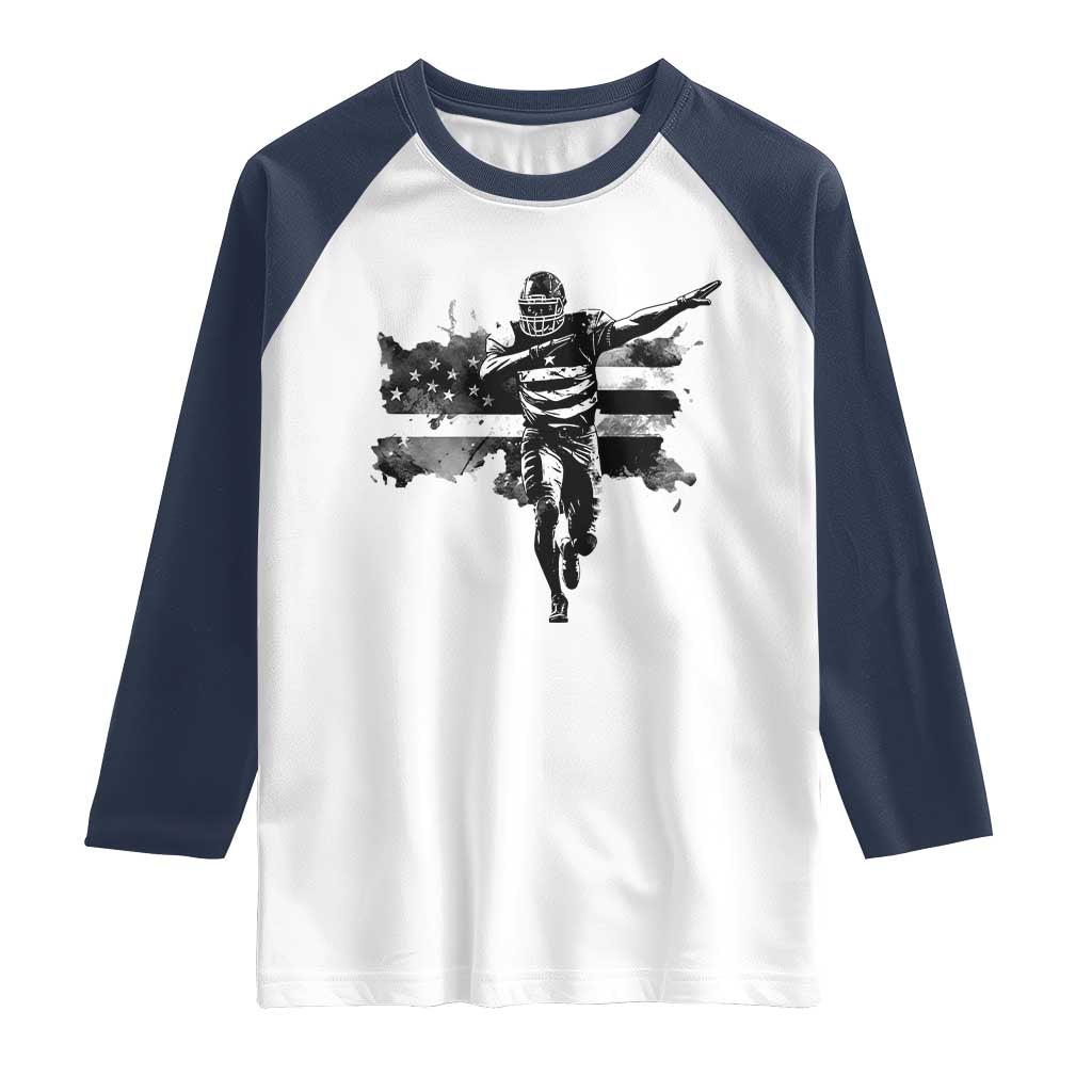 Patriotic Football Dab Raglan Shirt American Flag Sports Fan Gift TS12 White Navy Print Your Wear