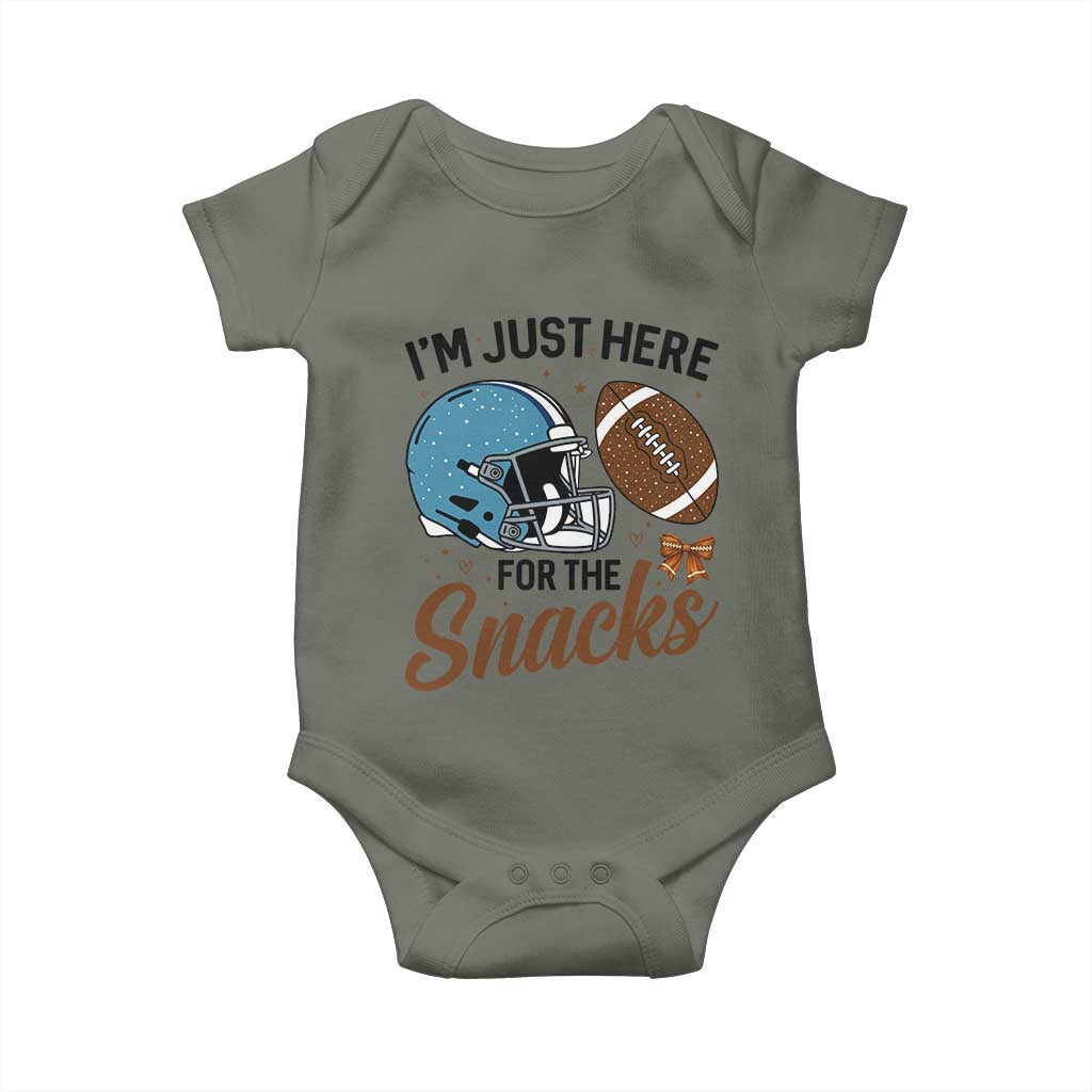 Im Just Here For The Snacks Baby Onesie Bow Football Lover TS12 Military Green Print Your Wear