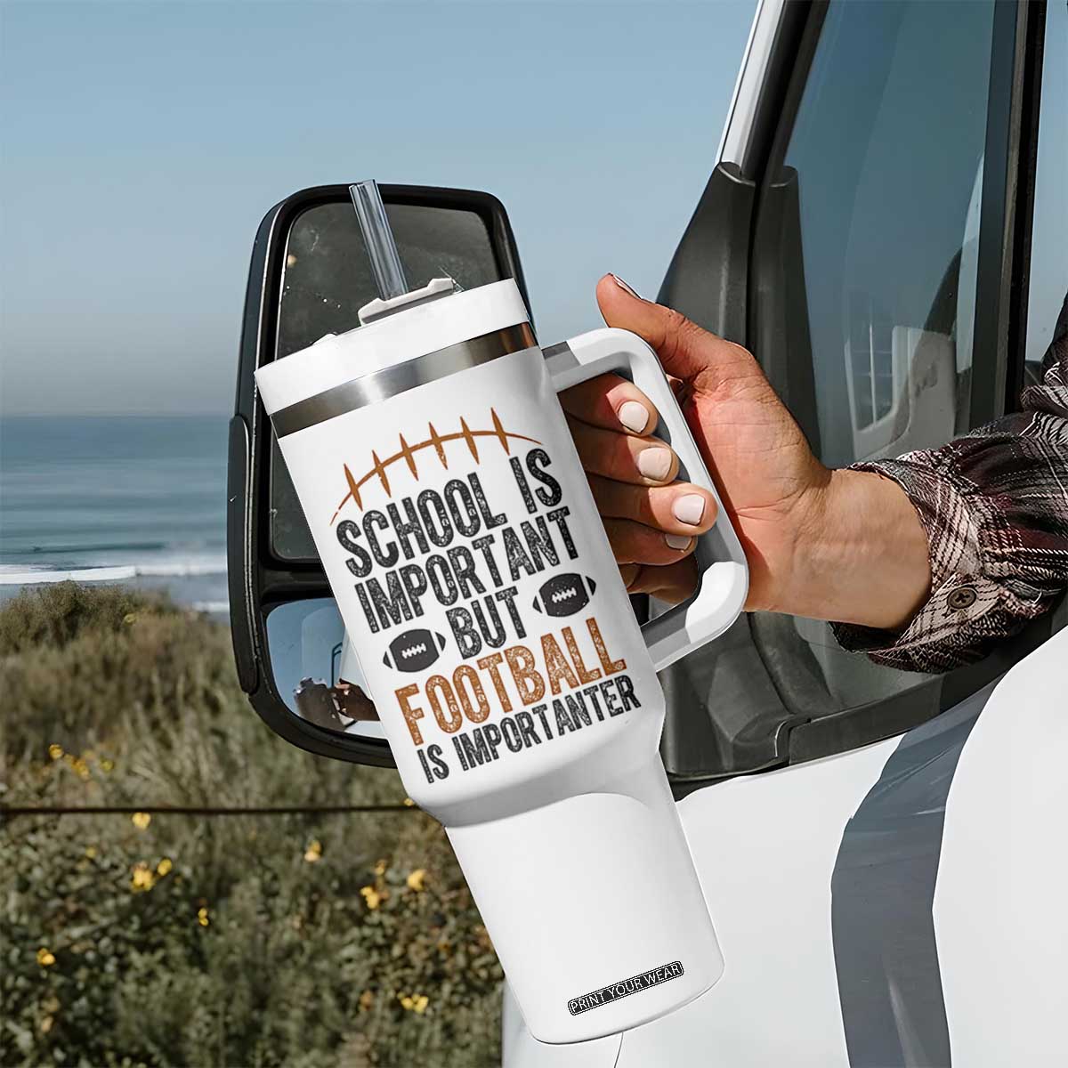 School Is Important But Football Is Importanter Tumbler With Handle Funny Sports Fan Gift TS12 Print Your Wear