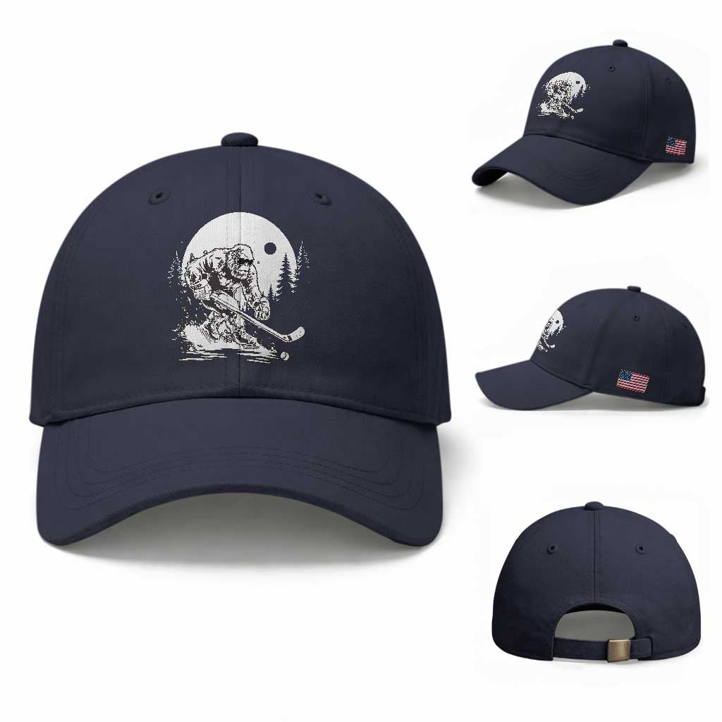 Bigfoot Playing Ice Hockey Baseball Cap Funny Cryptid Sports Gift TS12 Baseball Cap Universal Fit Navy Print Your Wear