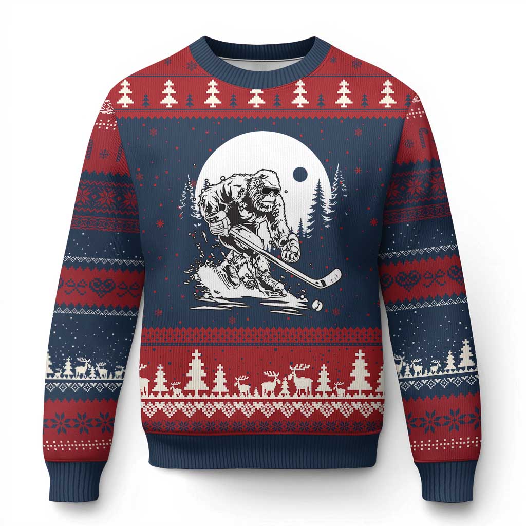 Bigfoot Playing Ice Hockey Ugly Christmas Sweater Funny Cryptid Sports Gift TS12 Navy Red Print Your Wear