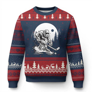 Bigfoot Playing Ice Hockey Ugly Christmas Sweater Funny Cryptid Sports Gift TS12 Navy Red Print Your Wear