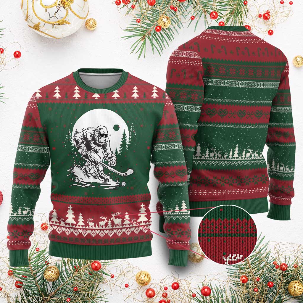 Bigfoot Playing Ice Hockey Ugly Christmas Sweater Funny Cryptid Sports Gift TS12 Red Green Print Your Wear