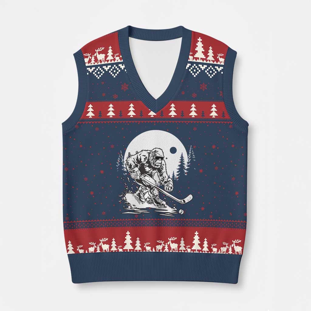 Bigfoot Playing Ice Hockey V-Neck Knit Sweater Vest Funny Cryptid Sports Gift TS12 Navy Red Print Your Wear