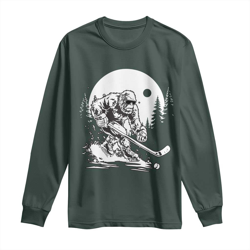 Bigfoot Playing Ice Hockey Long Sleeve Shirt Funny Cryptid Sports Gift TS12 Dark Forest Green Print Your Wear