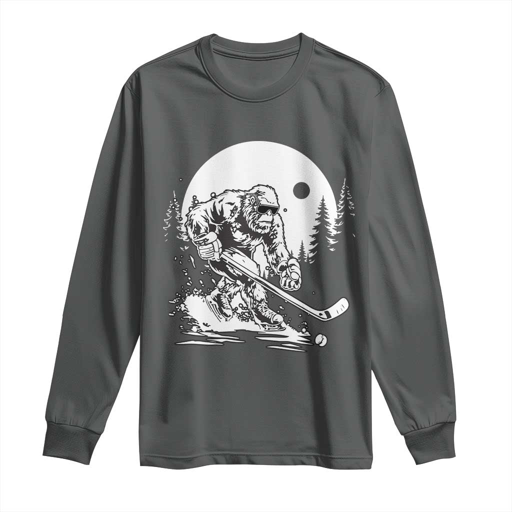 Bigfoot Playing Ice Hockey Long Sleeve Shirt Funny Cryptid Sports Gift TS12 Dark Heather Print Your Wear