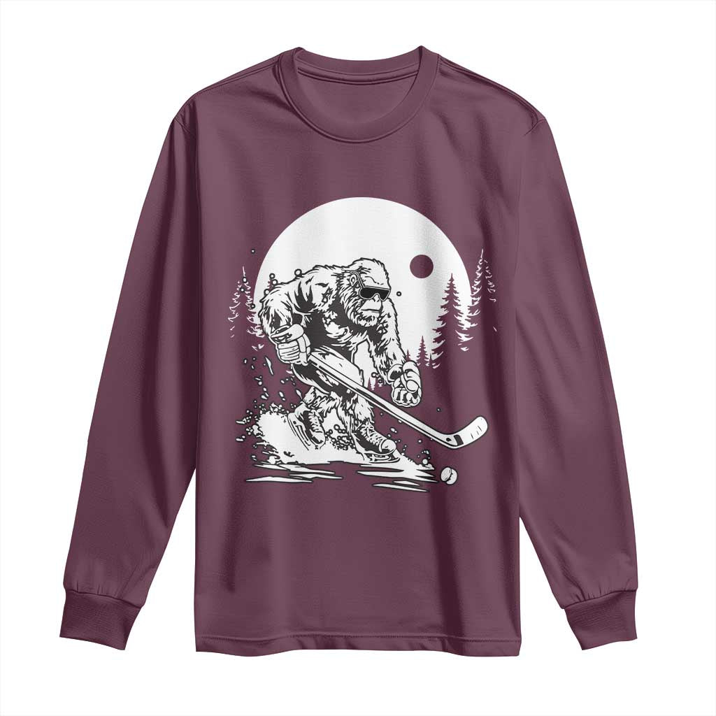 Bigfoot Playing Ice Hockey Long Sleeve Shirt Funny Cryptid Sports Gift TS12 Maroon Print Your Wear