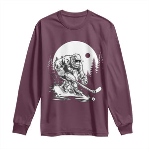 Bigfoot Playing Ice Hockey Long Sleeve Shirt Funny Cryptid Sports Gift TS12 Maroon Print Your Wear