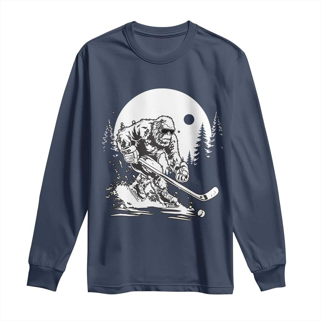 Bigfoot Playing Ice Hockey Long Sleeve Shirt Funny Cryptid Sports Gift TS12 Navy Print Your Wear